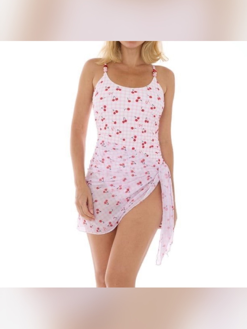 Betsey Johnson Pink/White Gingham Cherry Print One-Piece Swimsuit with Wrap XL